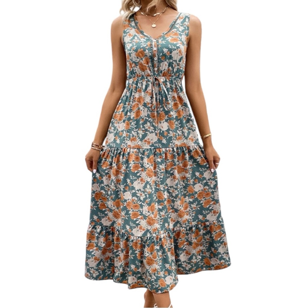 NEW Perfee Floral V Neck Tiered Sleeveless Dress Floral Green and Orange Boho